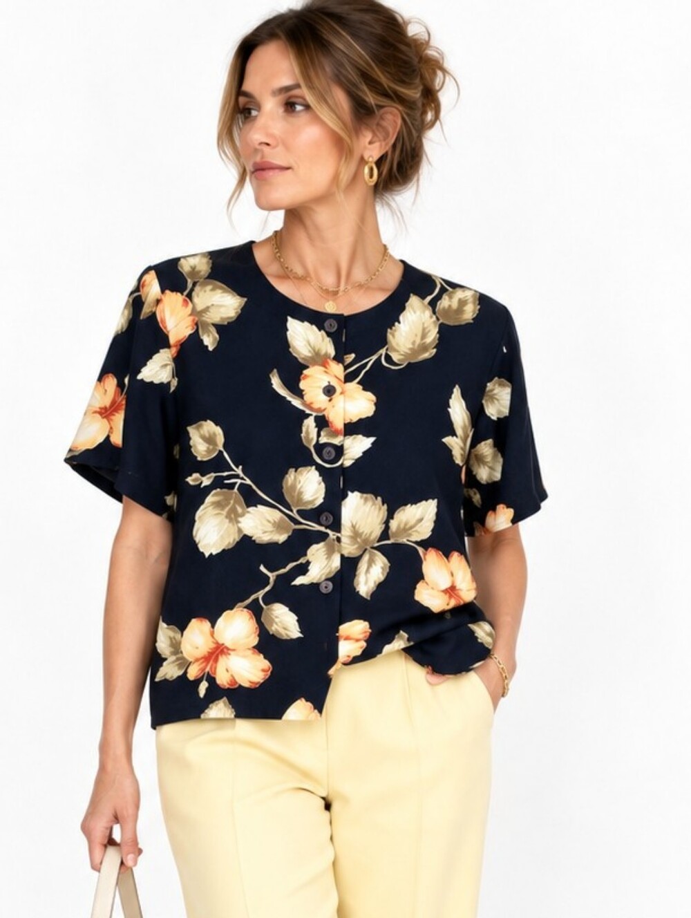 Alfred Dunner Blouse Navy Floral Button Down Short Sleeve